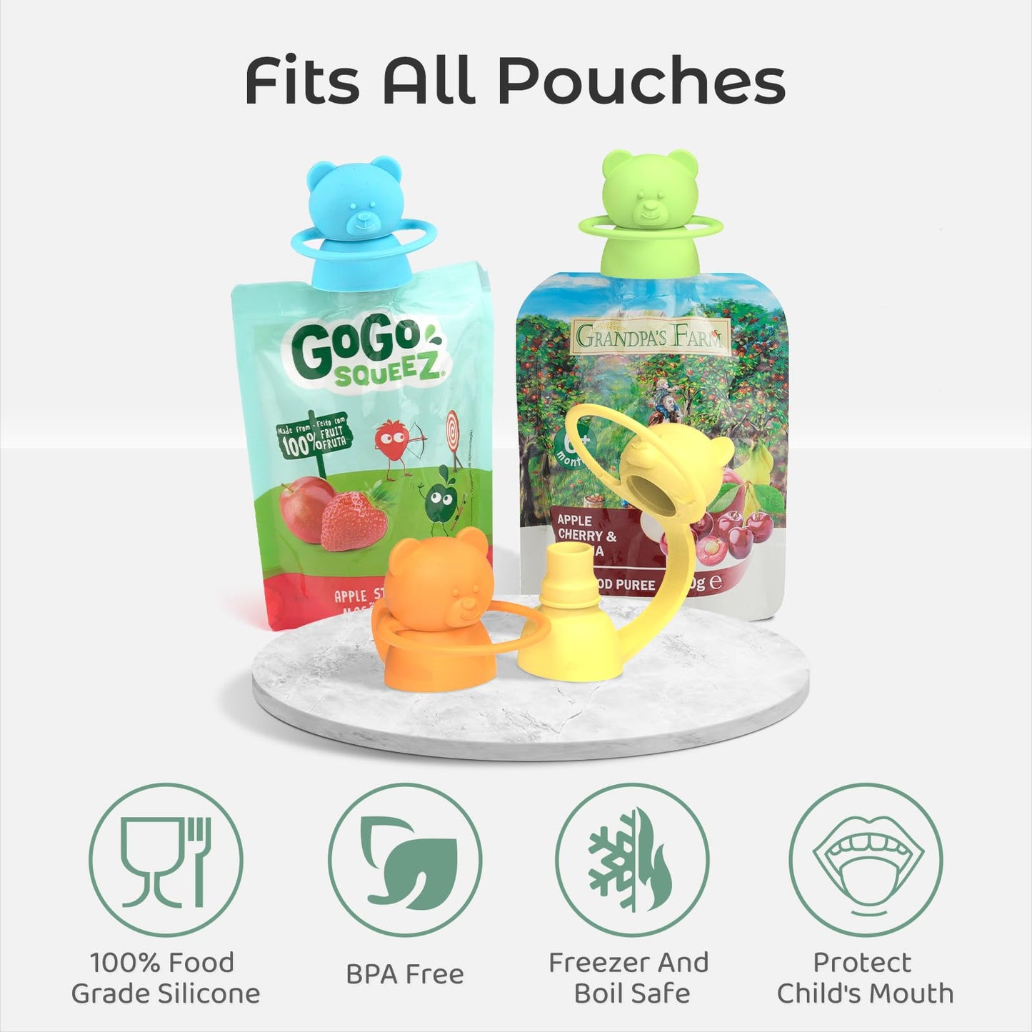 Giichen Soft Sip Food Pouch Topper - Bpa Free Silicone Food Pouch Tops For Baby Prevent Spills, Food Grade Toddler Pouch Lids Pr