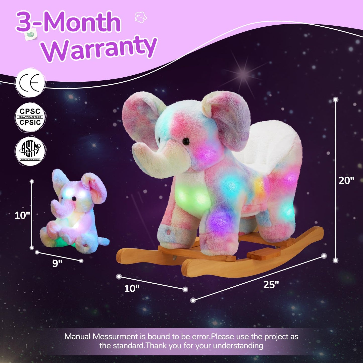 Glow Guards Light up Musical Elephant Baby Rocking Horse Set of 2 with Rainbow Elephant Plush Toy Baby Wooden Chair for Toddlers