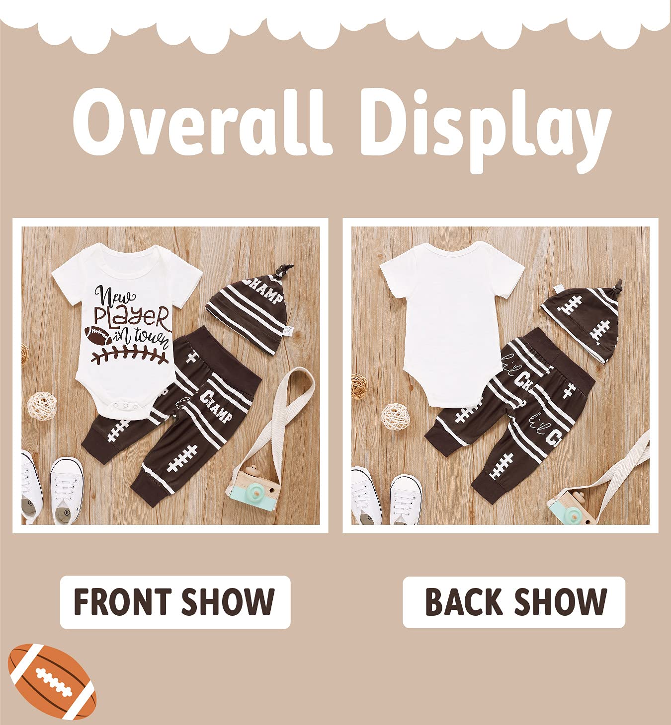 Aslaylme Newborn Baby Boy Clothes Coming Home Outfit New Player In Town Football Romper (Brown, 0-3 Months)