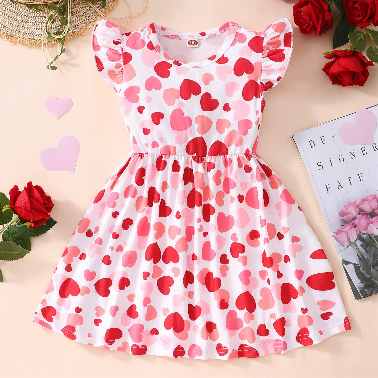 Nubeehoho Baby Girls Dress Ruffled Sleeve Pink Heart Print Summer Dresses Toddler Birthday Sundress Valentine'S Day Outfits 5-6