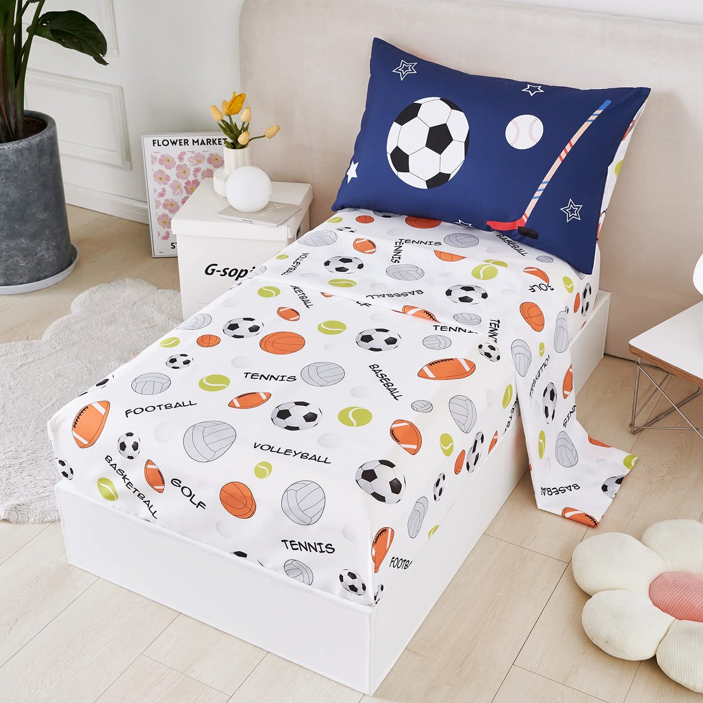 Urbonur 4-Piece Toddler Bedding Set - Ultra Soft Sports Series Basball Football Basketball Boys Toddler Comforter Set Navy - Inc