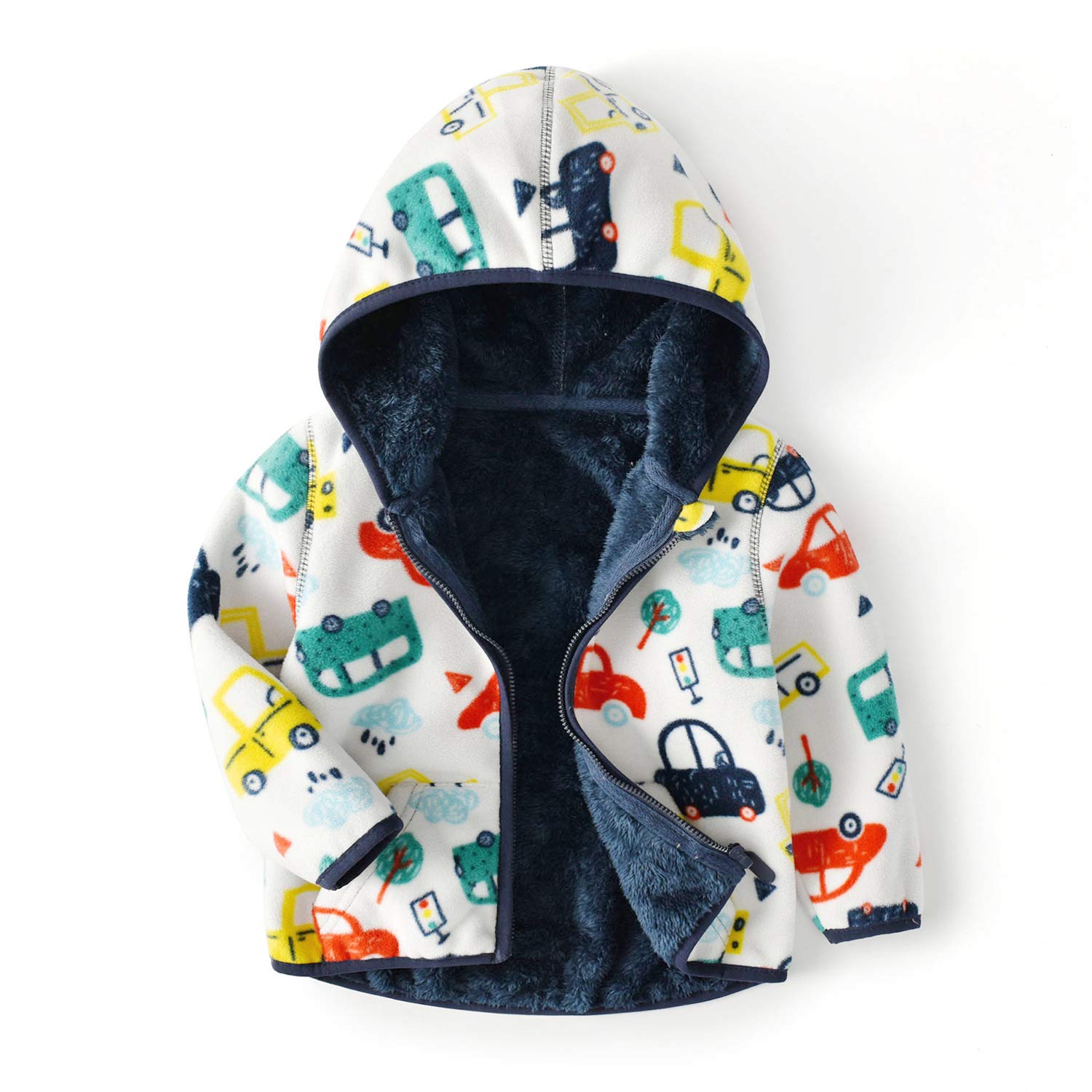 Feidoog Toddler Polar Fleece Jacket Hooded Baby Boys Girls Autumn Winter Long Sleeve Thick Warm Outerwear,Little Car,2-3T