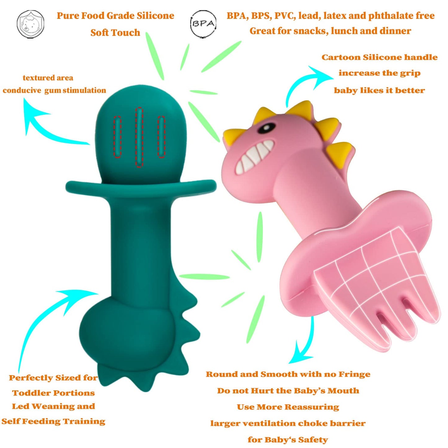 Nicingu Silicone Toddler Dinosaur Feeding Placemat Sets With Spoon And Forks,Baby Push Pop Bubble Suction Divided Plate Utensils