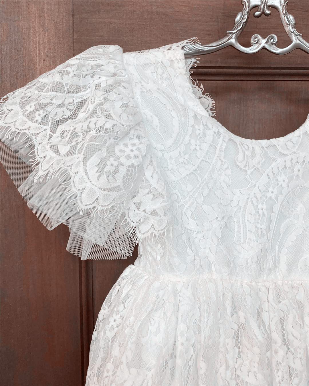 2Bunnies Girl Paisley Lace Back A-Line Tutu Tulle Party Flower Girl Dress (All Lace Flutter Sleeve Knee-White, 9/10)
