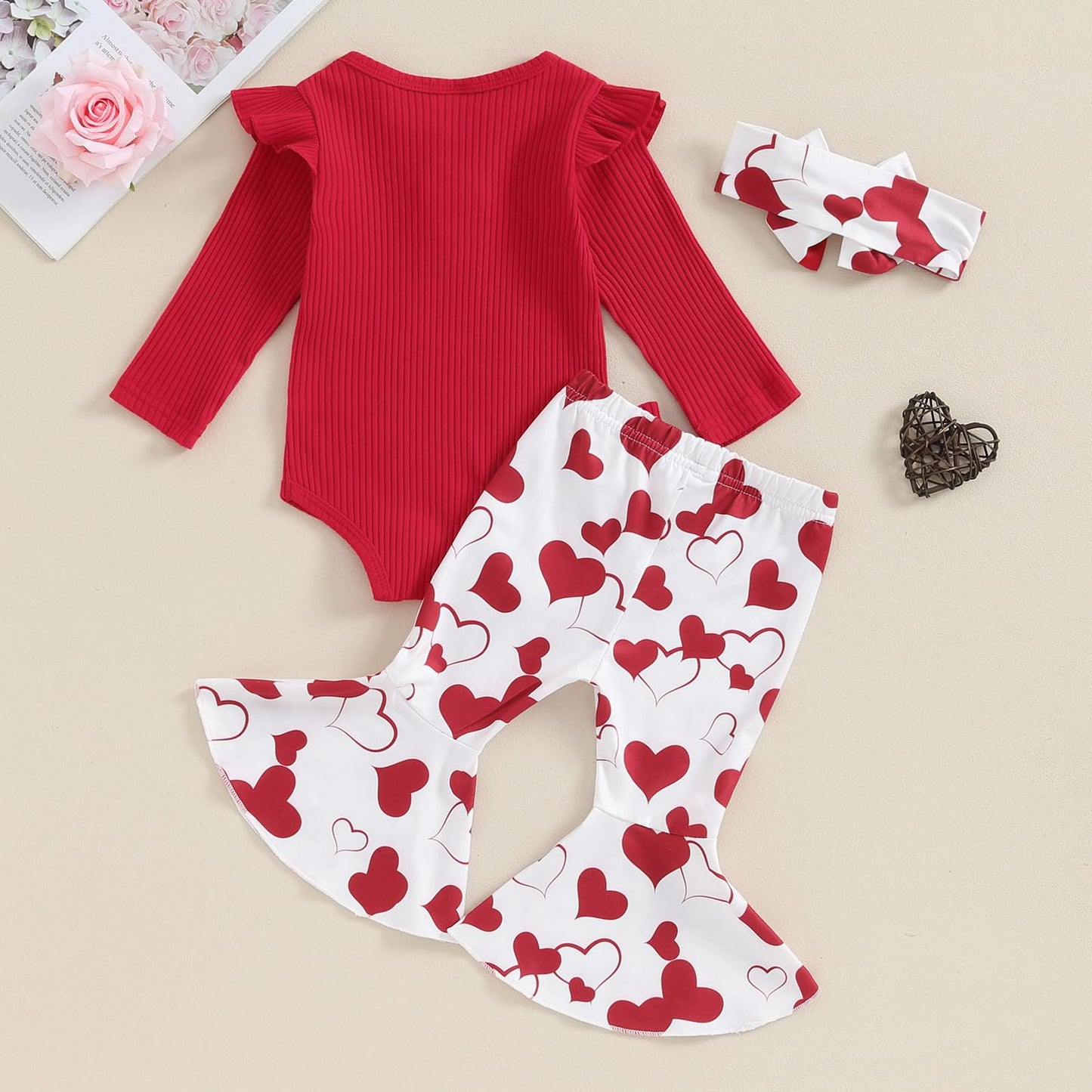 Kuriozud Newborn Baby Girl Valentines Day Outfit Ribbed Long Sleeve Romper Heart Flare Pants Set Infant Cute Baby Girl Clothes (
