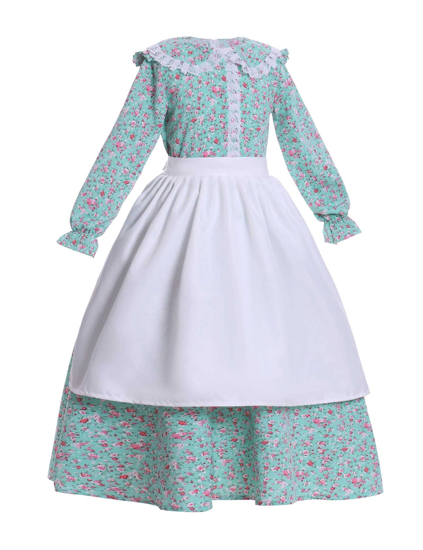 Vibsion Girls Pioneer Prairie Costume Pilgrim Dress Kids Floral Colonial Village Girl Costumes Bonnet Apron Set Green