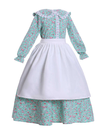 Vibsion Girls Pioneer Prairie Costume Pilgrim Dress Kids Floral Colonial Village Girl Costumes Bonnet Apron Set Green