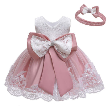 Baby Girls Lace Bowknot Flower Dress Wedding Pageant Baptism Christening Tutu Gown 6-12 Months