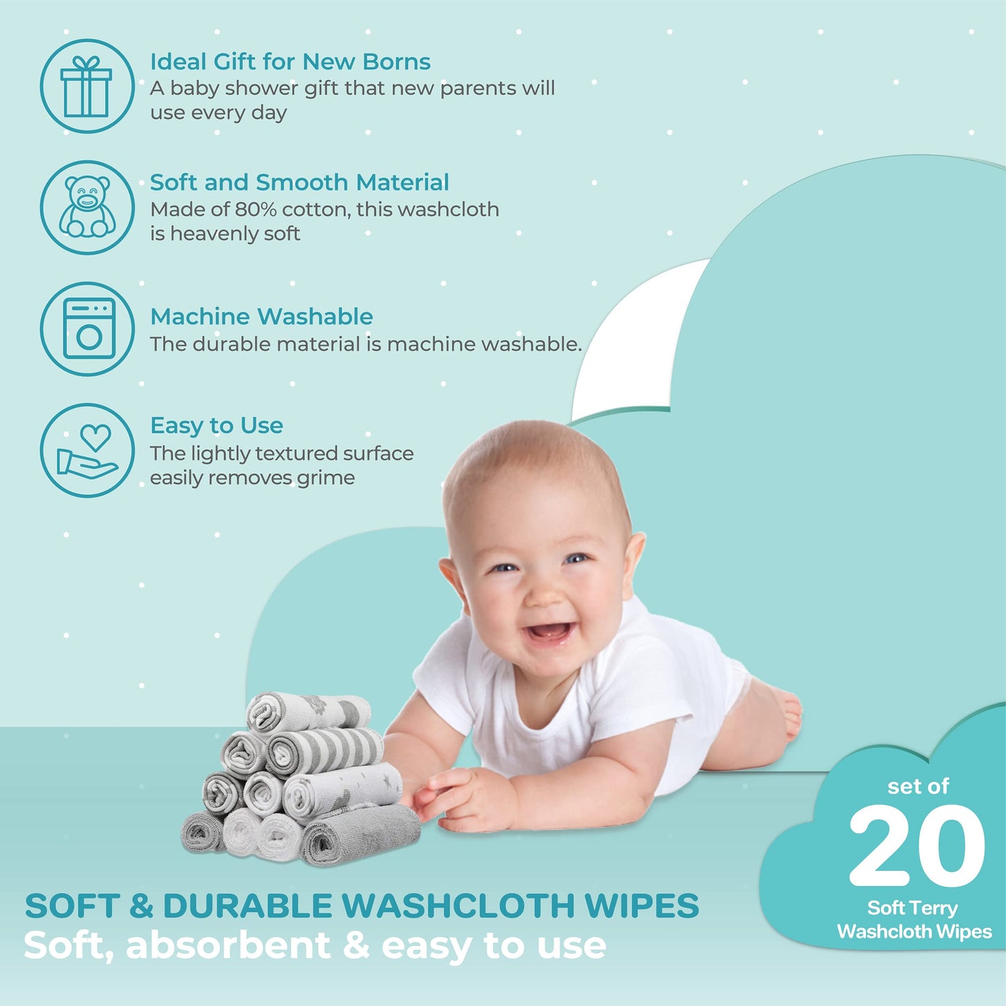 Spasilk Washcloth Wipes Set For Newborn Boys And Girls, Soft Terry Washcloth Set, Pack Of 20, Gray Celestial