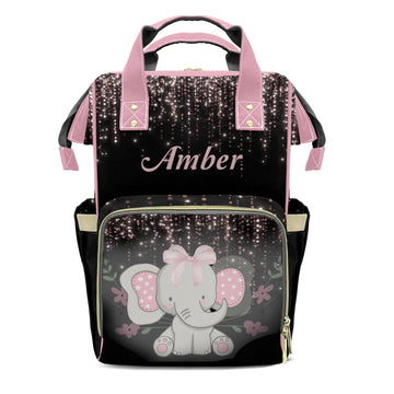 XOZOTY Cute Elephant Black Pink Diaper Bags Backpack Personalized Baby Nursing Nappy Travel Tote Bag Gifts for Mom Girl