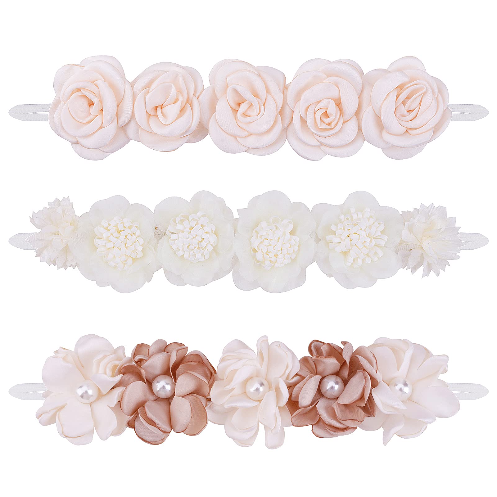Mligril 3Pcs Baby Girl Floral Headbands Set-Elastic Hair Band Crown Flower Wraps For Newborn Infant Toddler (3, Off White)