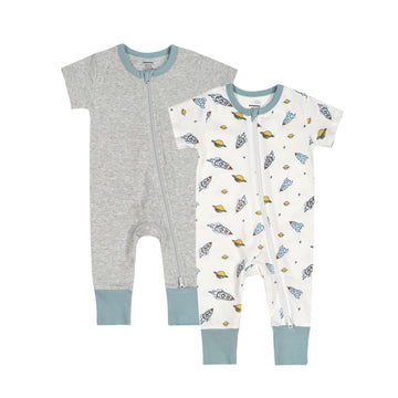 Teach Leanbh Baby Boys Girls 2 Pack Footless Pajamas Cotton Short Sleeve Printing Romper Sleep And Play 3-24 Months (Rocket, 12-