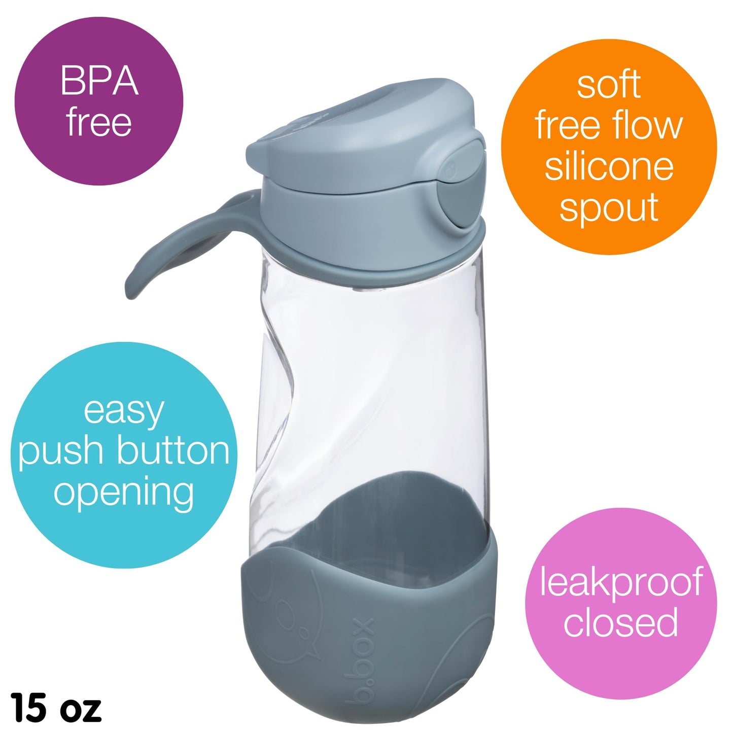 B.Box 15 Oz Sport Spout Kids Water Bottle For School, Sports, Travel, Daycare. Leakproof, Spill Proof, Dishwasher Safe. Easy Gri