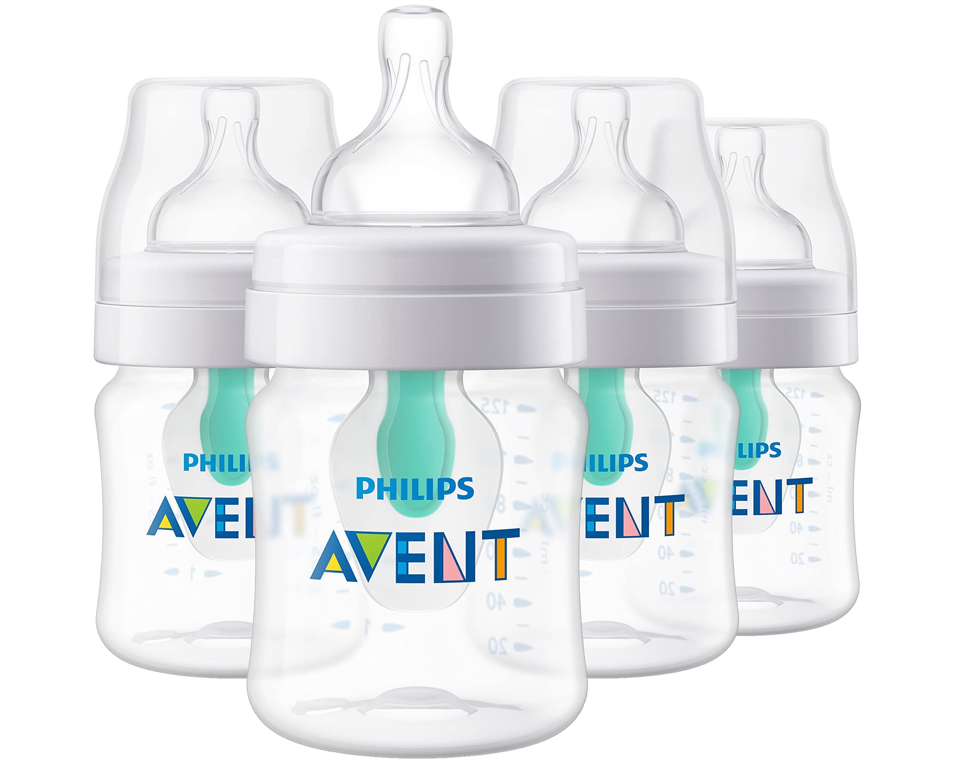 Philips Avent Anti-Colic Bottle with AirFree Vent, 4oz, with Flow 1 Nipples, 0m+, 4pk, Clear, SCY701/04 (Pack of 6)