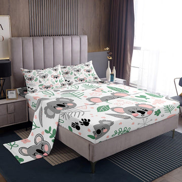 Feelyou Koala Sheet Set Twin Size, Cartoon Koala Bed Sheets Set Cute Koala Sheets with Deep Pocket Fitted Sheet for Kids Toddler