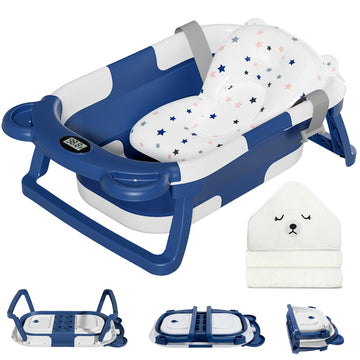 Morefeel Collapsible Baby Bathtub For Newborn With Thermometer & 1 Soft Floating Cushion & 1 Bath Net,Portable Travel Bathtub Wi