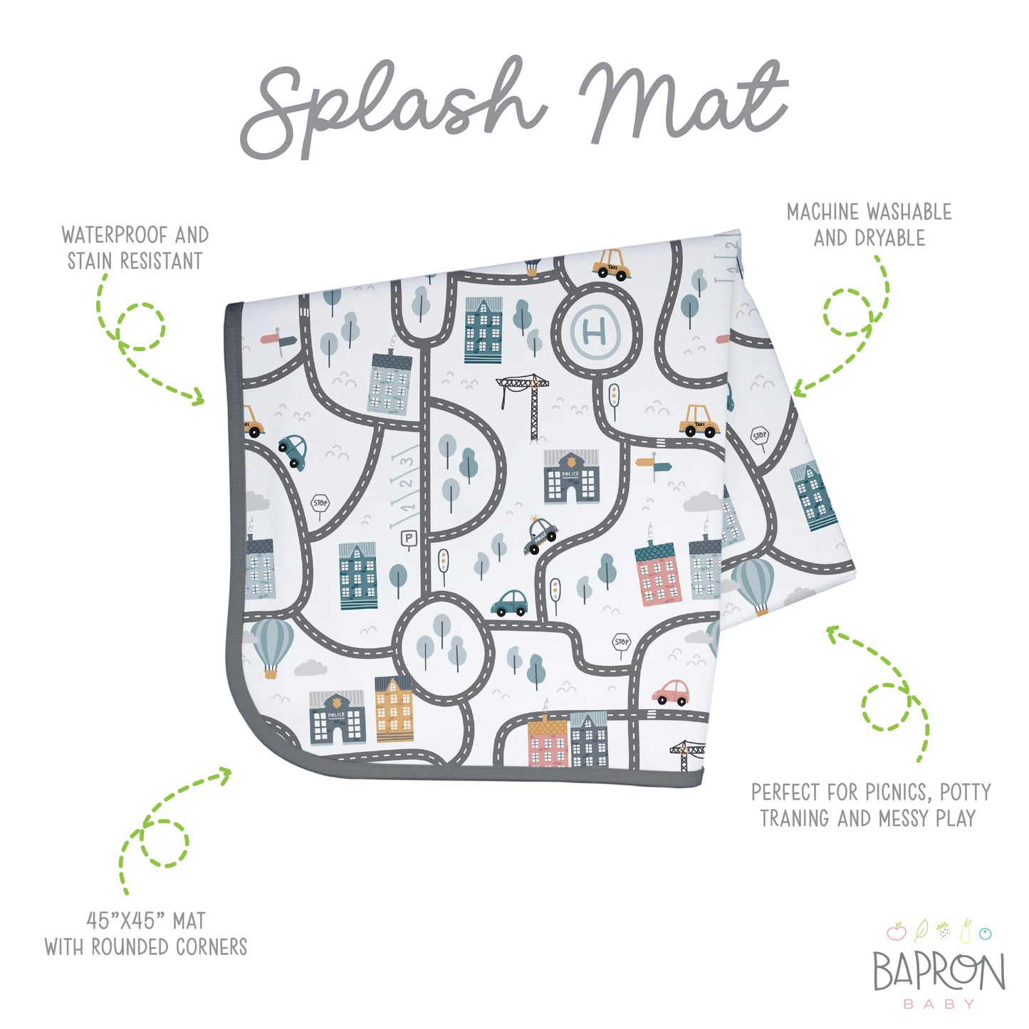 Bapronbaby Tiny Town Splash Mat - Waterproof Catch-All For Under High Chairs, Floors, Tables, Playtime Or Arts & Crafts - Machin