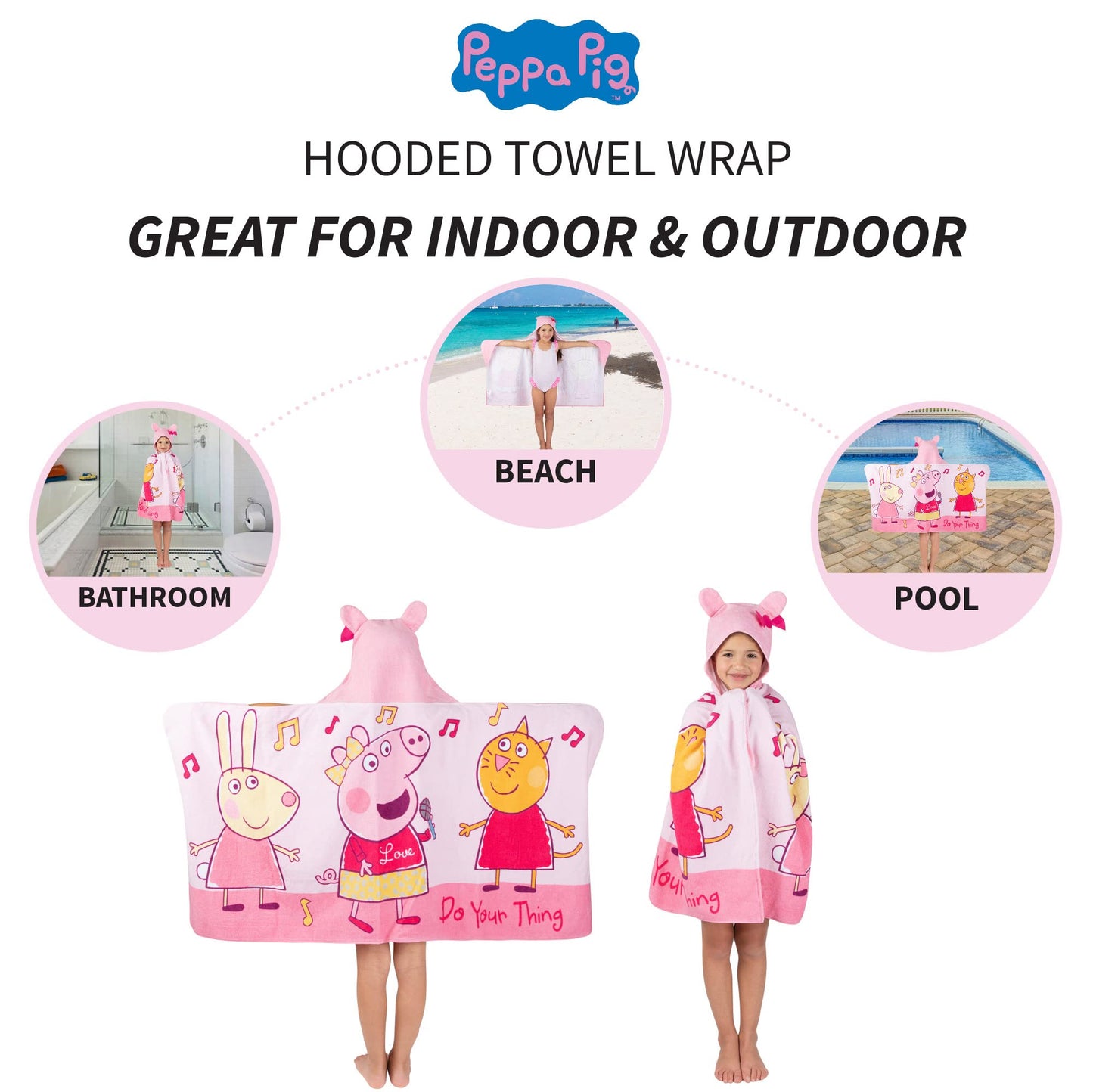 Franco Peppa Pig Kids Bath/Pool/Beach Soft Cotton Terry Hooded Towel Wrap, 24 In X 50 In, Large