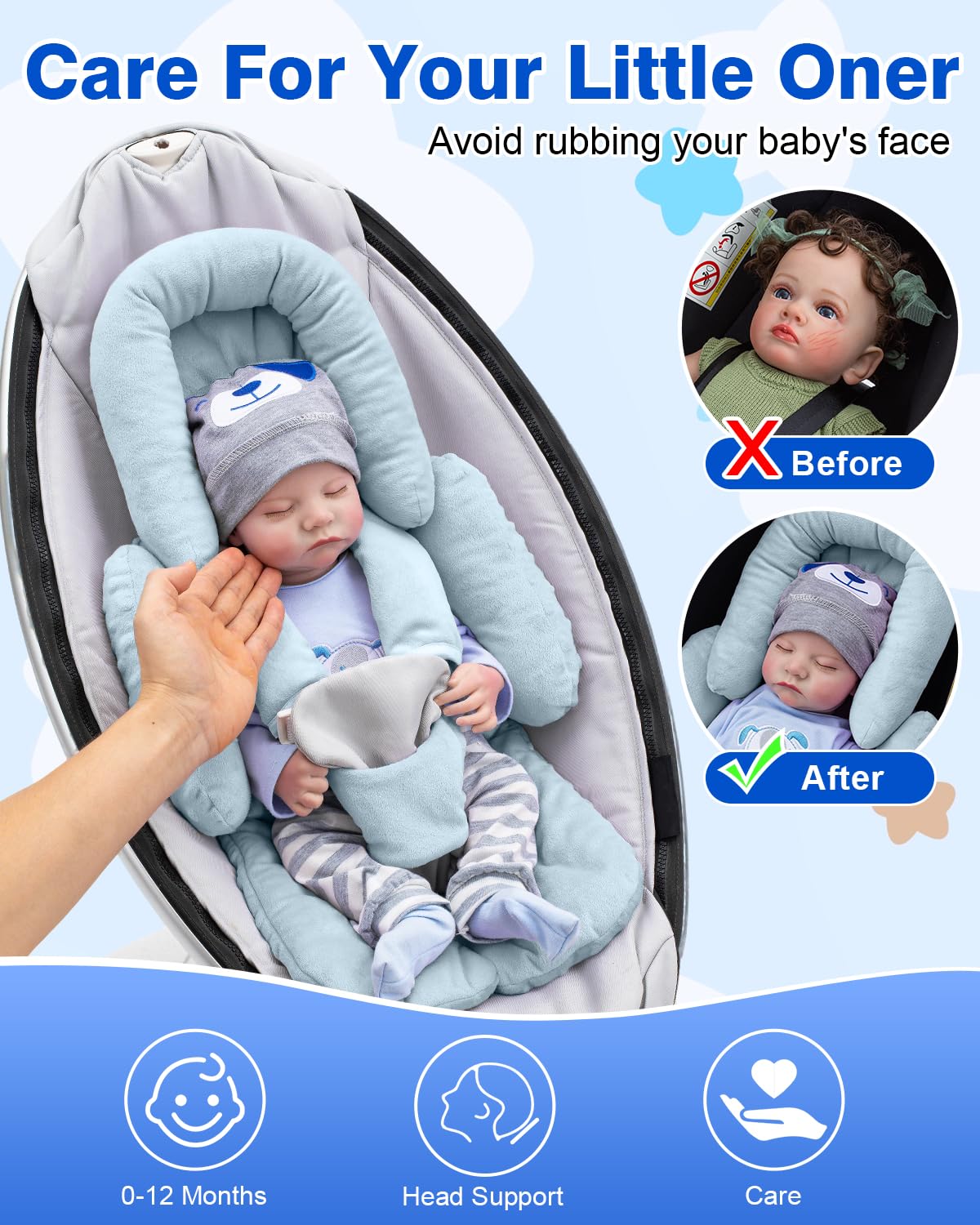 Kaseeous Infant Insert Compatible with Mamaroo Swing & Graco Swing, Thickened Baby Car Seat Head Support with Shoulder Covers, B