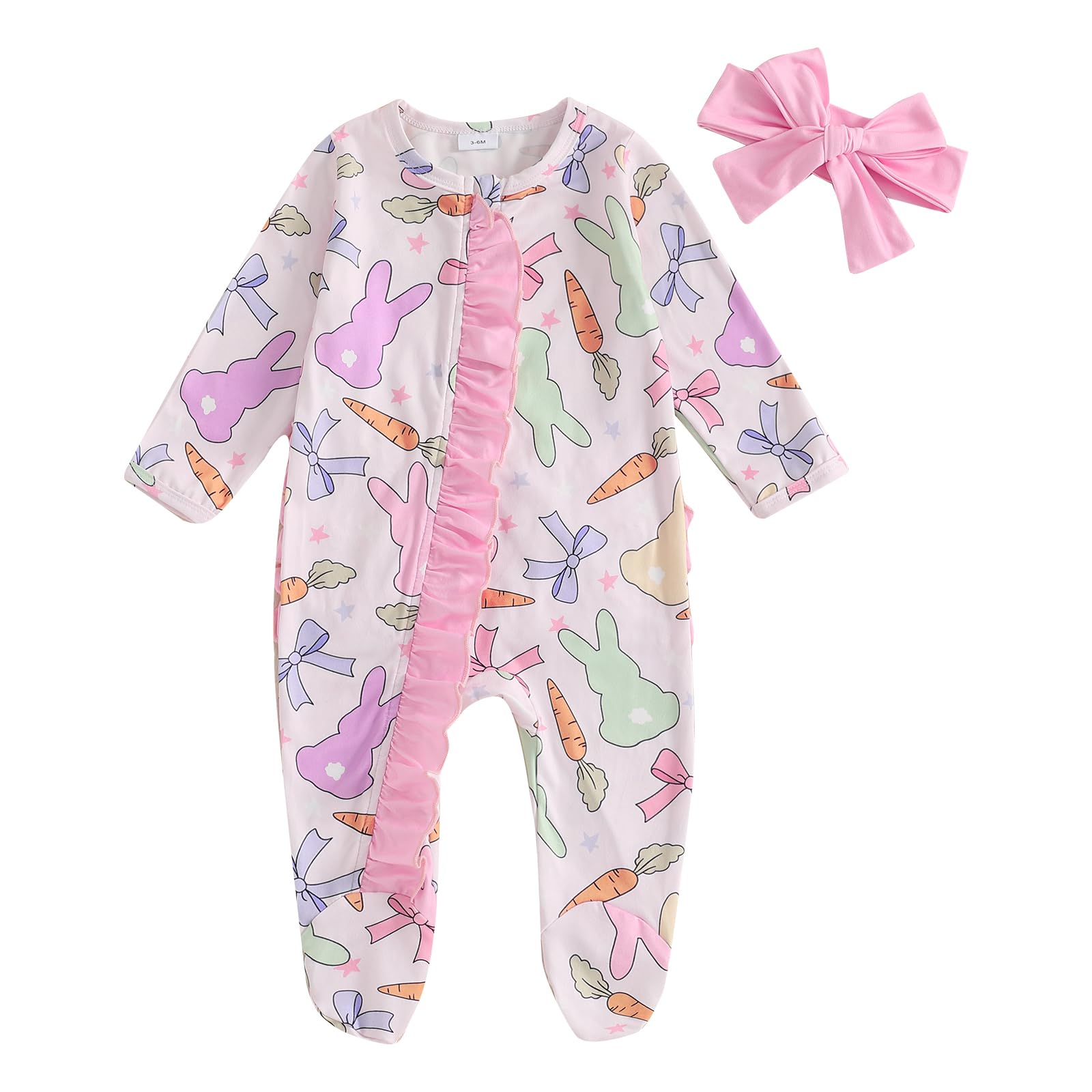 KtwHarnu Newborn Baby Boy Girl Easter Outfit Bunny Ruffle Zipper Footie Long Sleeve Zip Up Romper Jumpsuit Going Home Outfit (B-