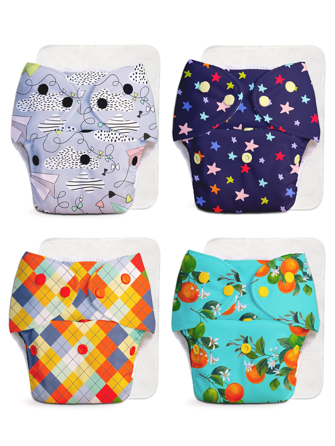 Superbottoms Basic LeakageProof Advanced Cloth Diapers For Babies, High Absorbent 100% Cotton 4 Reusable Diaper And 4 Insert Pa