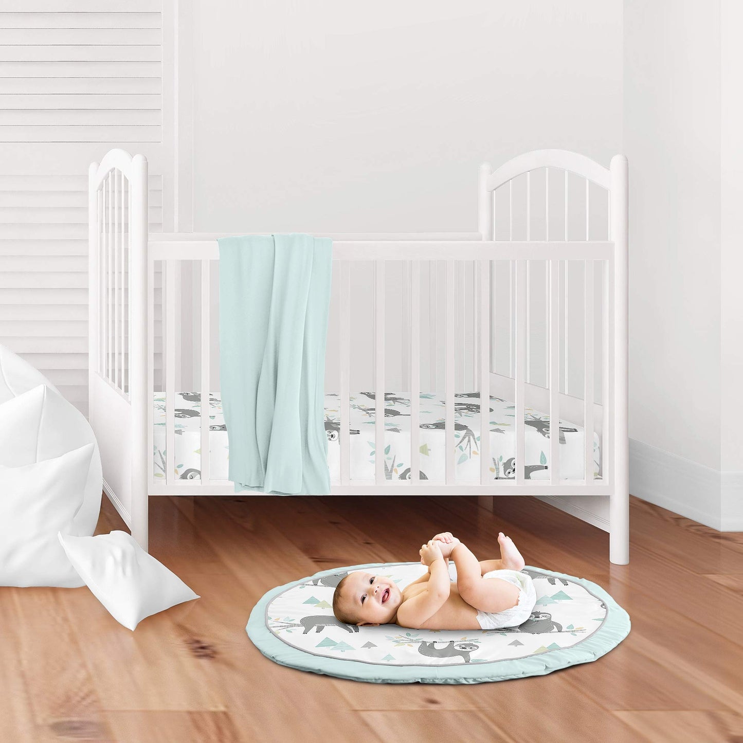 Sweet Jojo Designs Blue Sloth Boy Girl Baby Playmat Tummy Time Infant Play Mat - Turquoise, Grey And Green Jungle Leaf Botanical