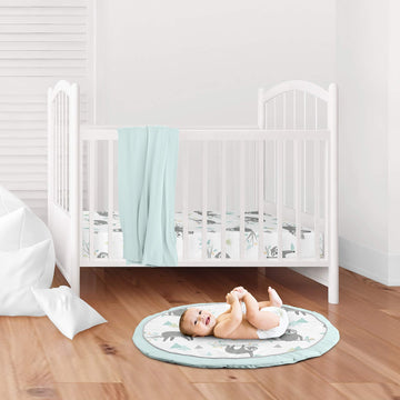 Sweet Jojo Designs Blue Sloth Boy Girl Baby Playmat Tummy Time Infant Play Mat - Turquoise, Grey And Green Jungle Leaf Botanical