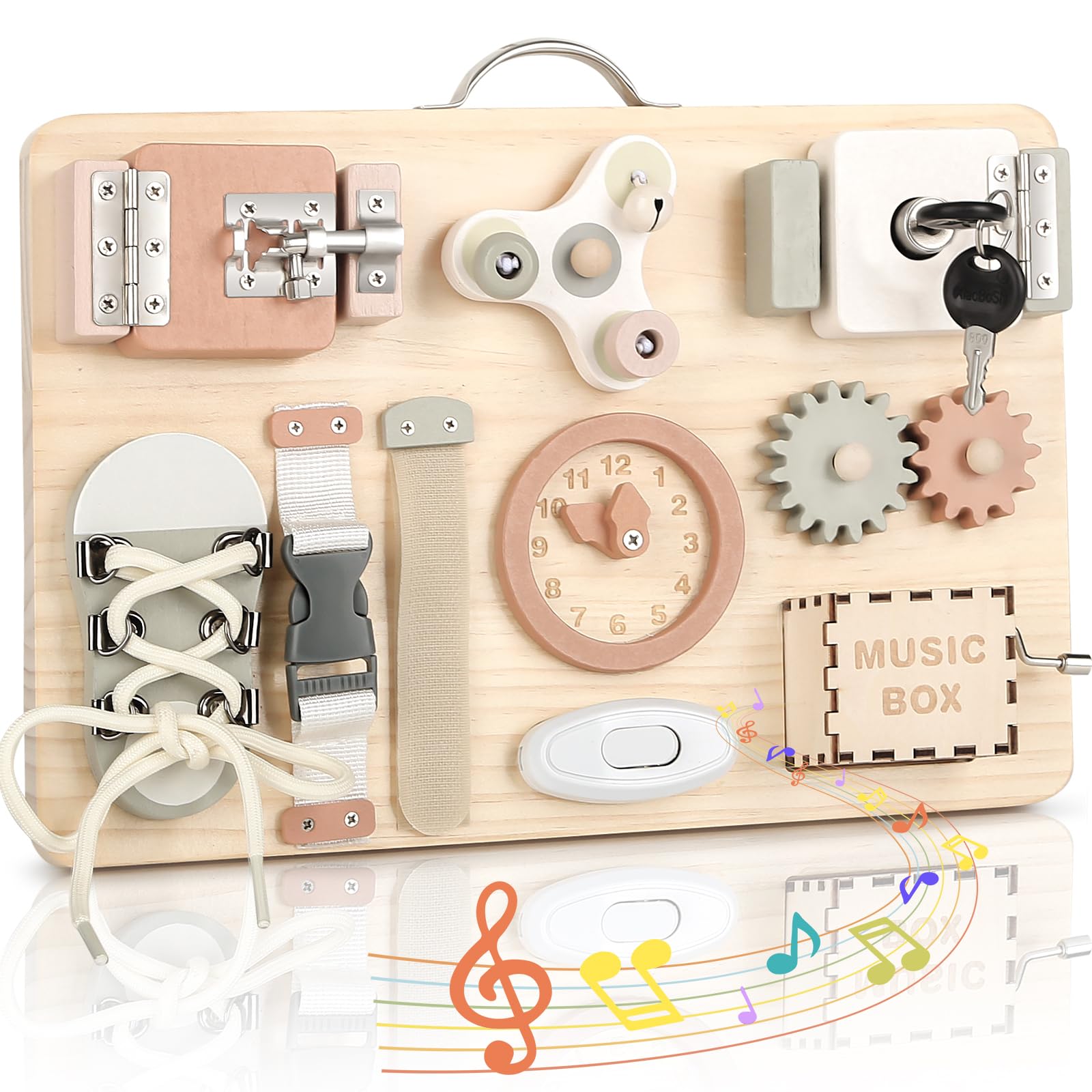 Joyreal Montessori Busy Board for Toddlers - Wooden Sensory Board Activity Board for Fine Motor Skills, Travel Baby Busy Board S