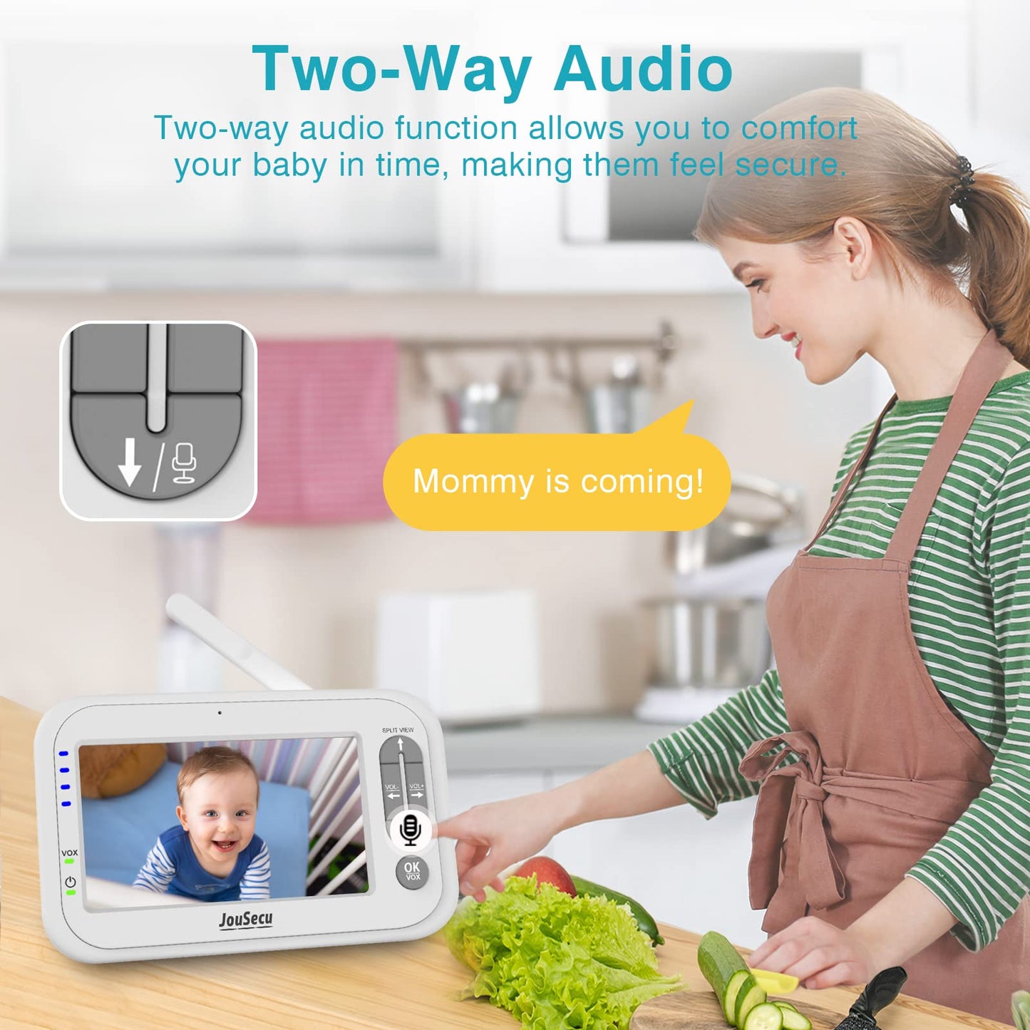 Jousecu Baby Monitor With 2 Cameras, Video Baby Monitor, 4.3' Lcd Split Screen,2-Way Audio, Crying Detection, Night Vision, Tem