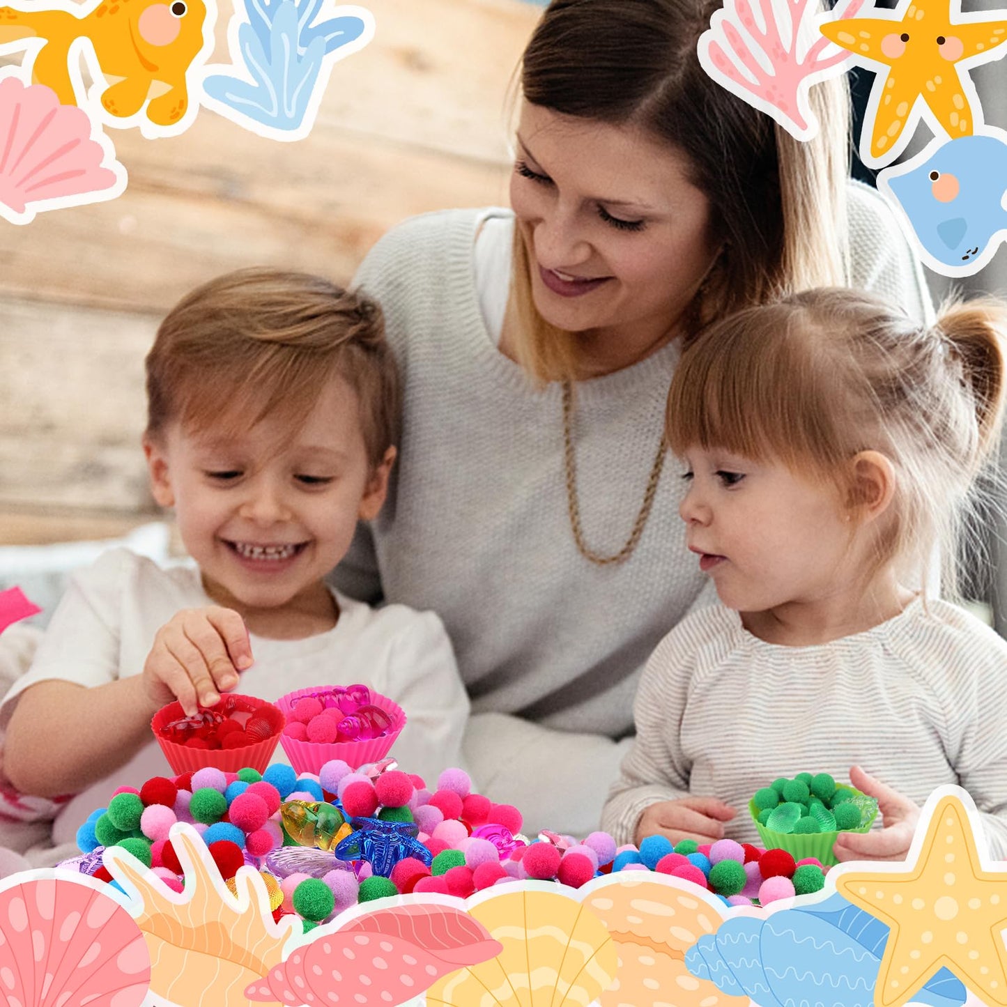 355 Pcs Summer Beach Sensory Bin Filler Fine Motor Toys Counting Sorting 200 Felt Toys 140 Resin Beach Creatures 8 Tweezers 6 Si