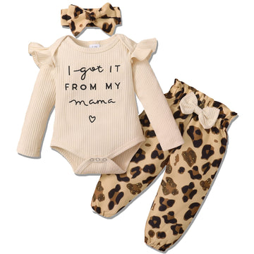 Disaur Baby Girls' Clothing Long Sleeve Apricot Ruffle Romper Leopard Pants Infant Girl Clothes 3 Months 6 Months