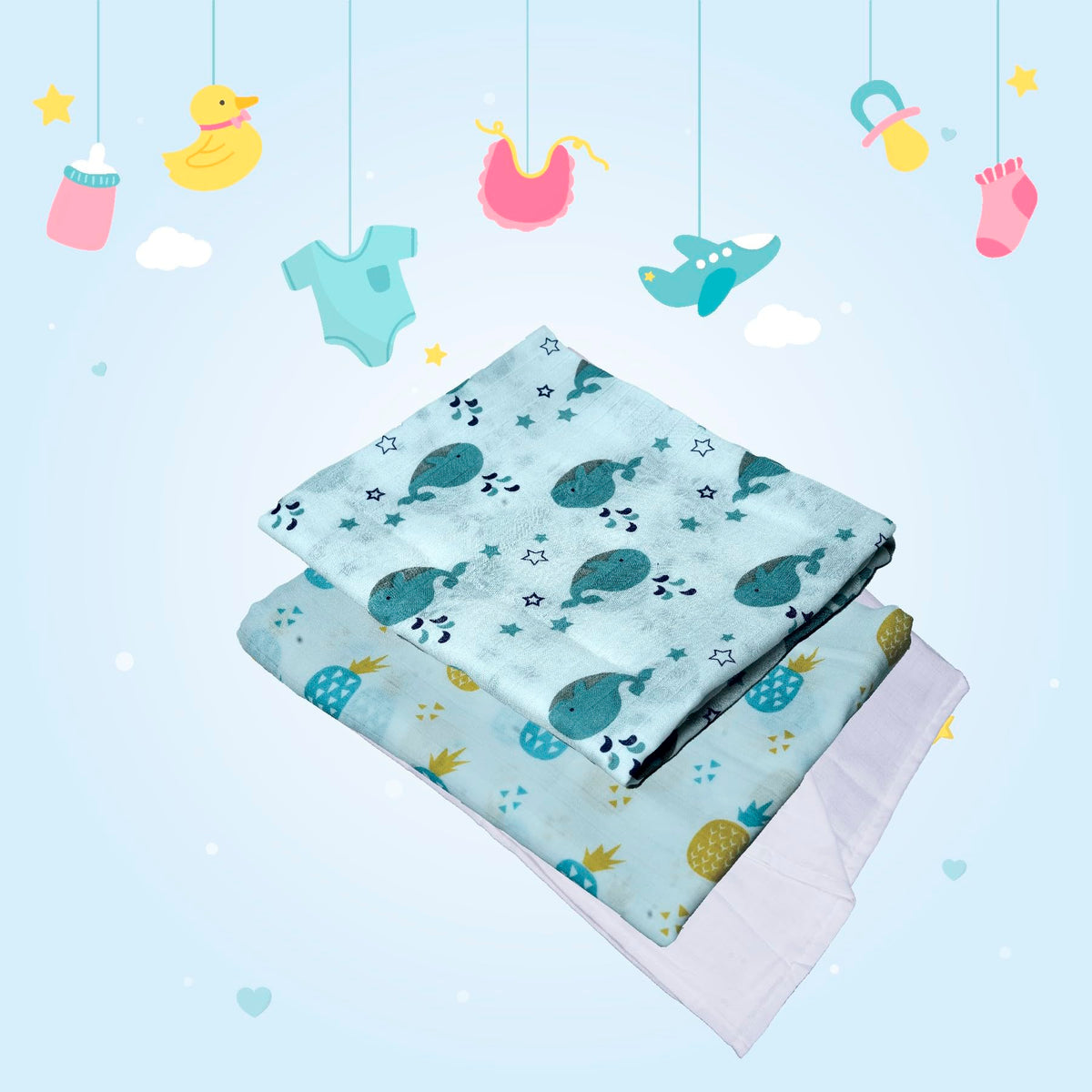 New Born Soft Baby Washcloth Muslin Swaddle & Blanket  3 piece in a Pack
