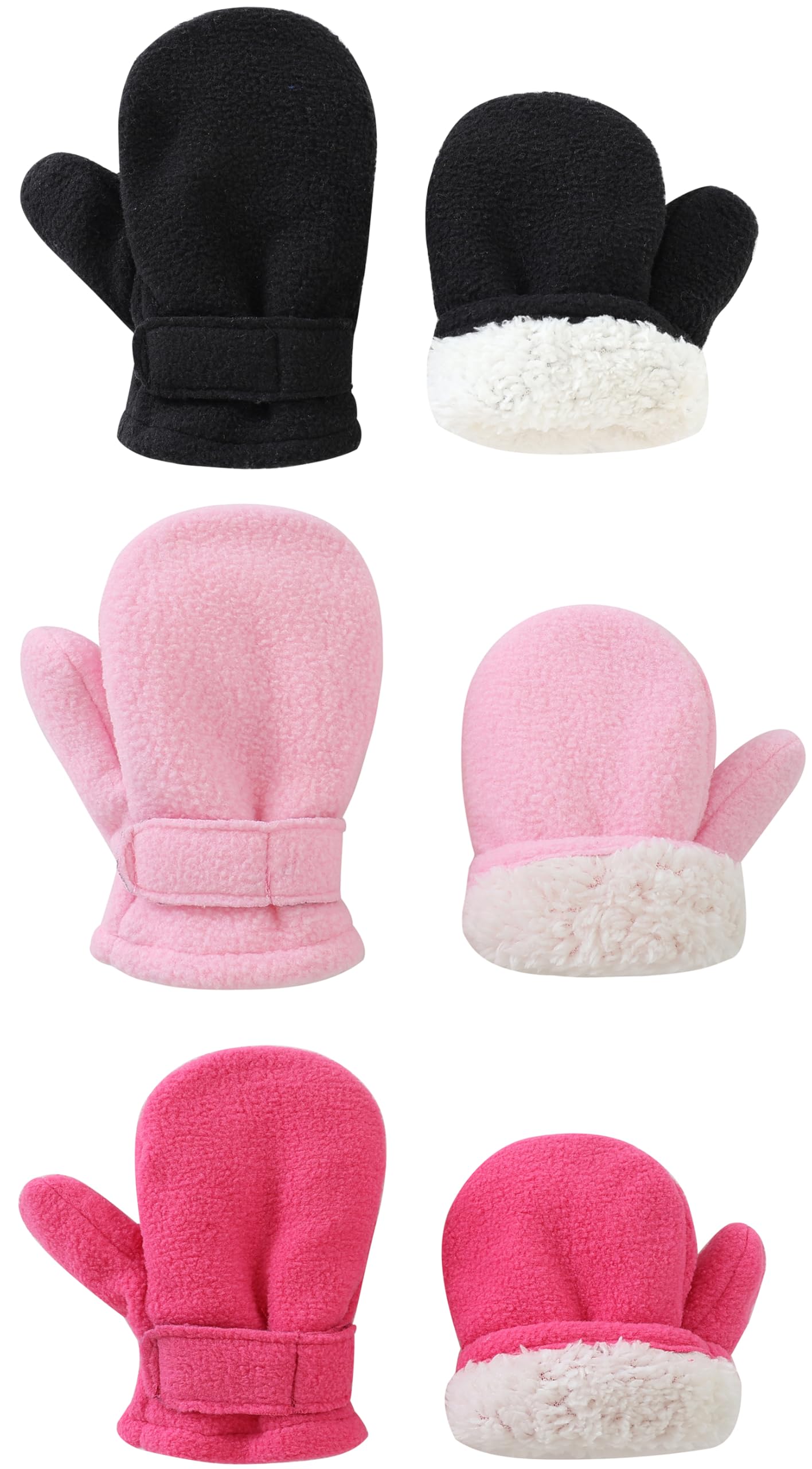Baby Toddler Mittens Boys Girls Winter Outdoor Gloves Kids Easy-On Fleece Warm Mittens Pink Rose Black 3 Pairs M(1-2 Years)