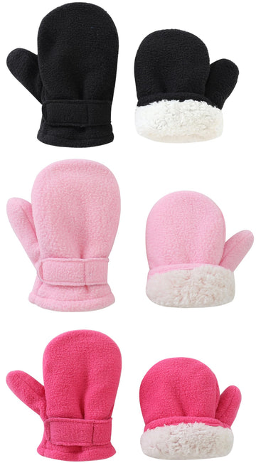 Baby Toddler Mittens Boys Girls Winter Outdoor Gloves Kids Easy-On Fleece Warm Mittens Pink Rose Black 3 Pairs M(1-2 Years)