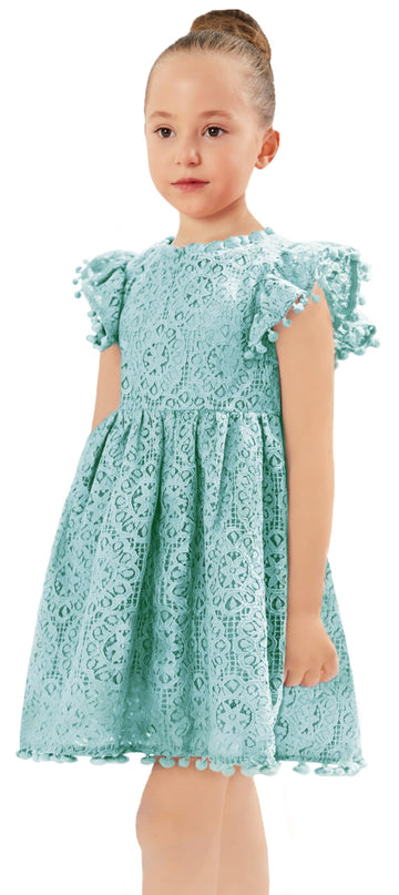 2Bunnies Girl Baby Toddler Vintage Lace Pom Pom Flutter Sleeve Easter Birthday Outfit Dress (Mint, 9/10)