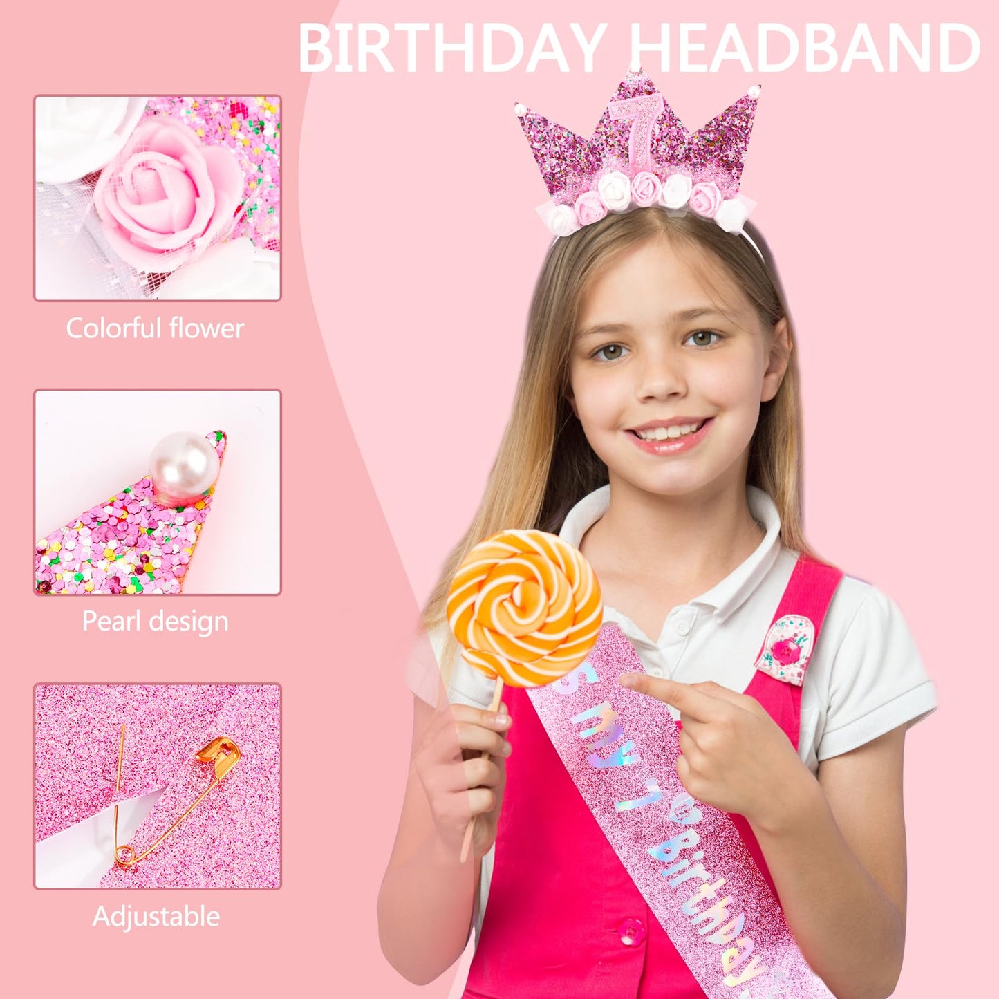 Vovii 7Th Birthday Decorations For Girls, Birthday Girl Headband & Glitter Sash Set For 7 Year Old Girl Birthday Decorations, Bi