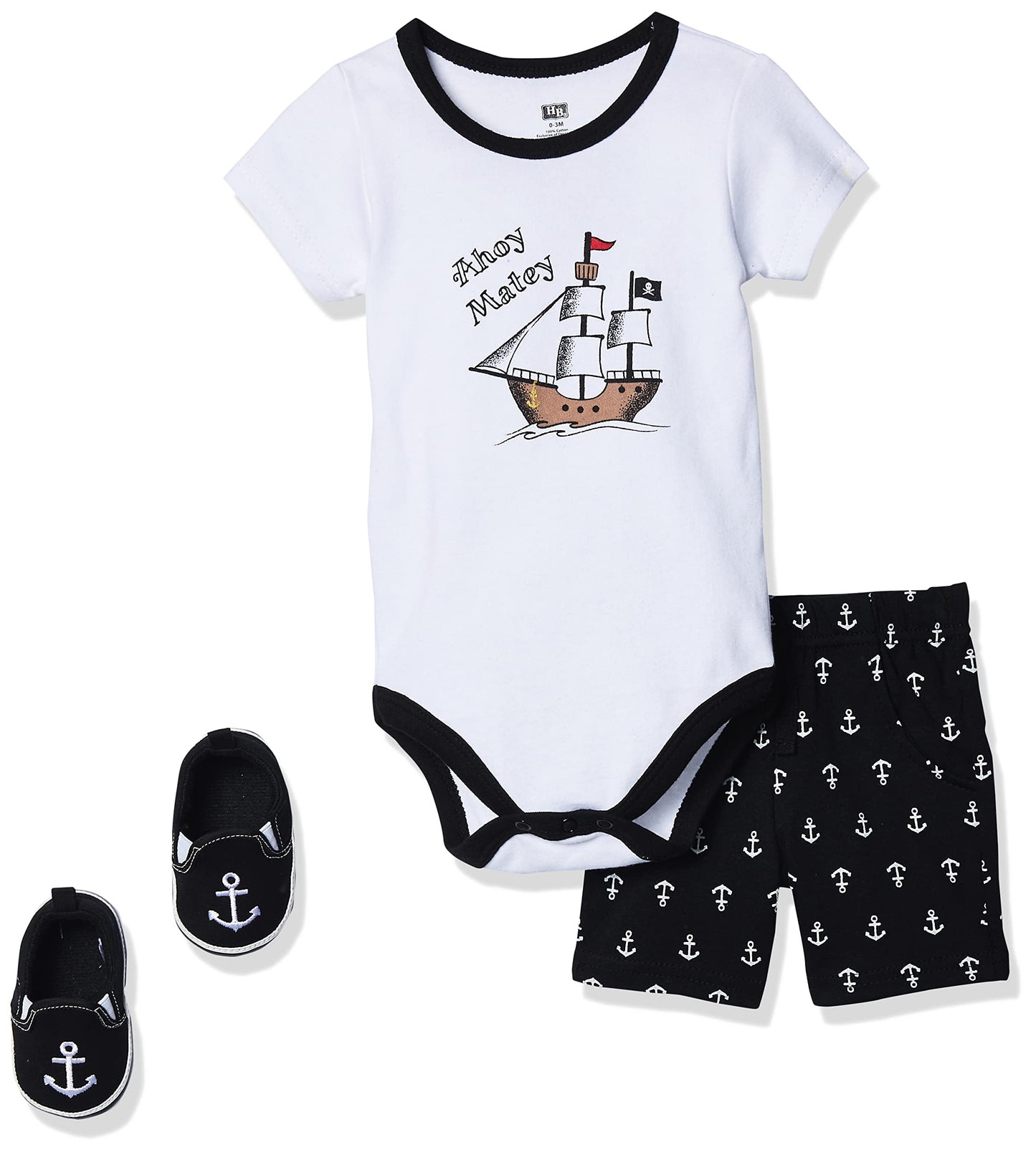 Hudson Baby Unisex Baby Cotton Bodysuit, Shorts And Shoe Set, Pirate, 12-18 Months