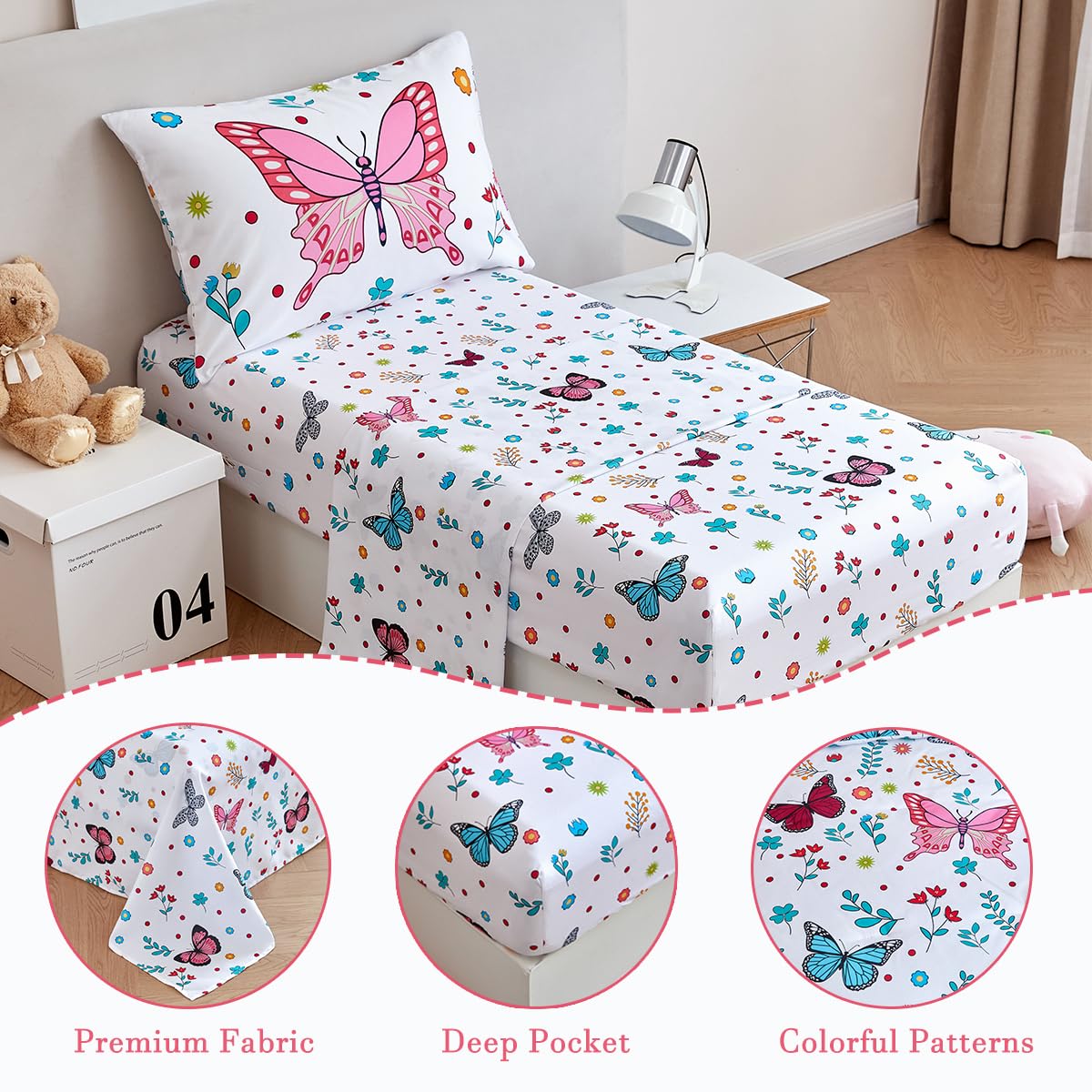 Perfemet 4-Piece Girls Butterfly Toddler Bedding Colorful Pink Floral Toddler Bed Comforter Set Reversible Soft Flower Toddler B