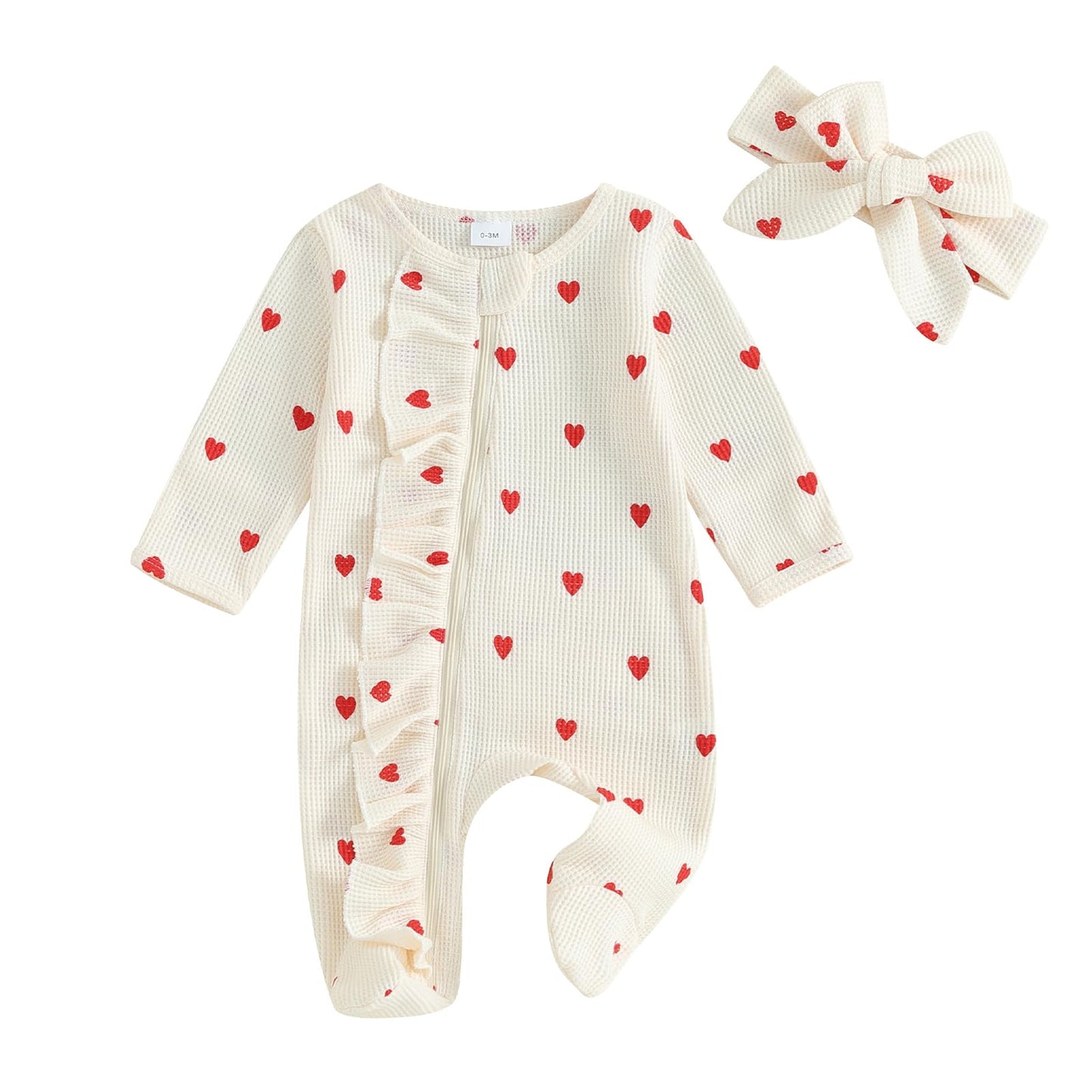 Filgriox My First Valentines Day Baby Girl Outfit Newborn Footie Romper Heart Bodysuit + Headband Infant One Piece Outfit (Light