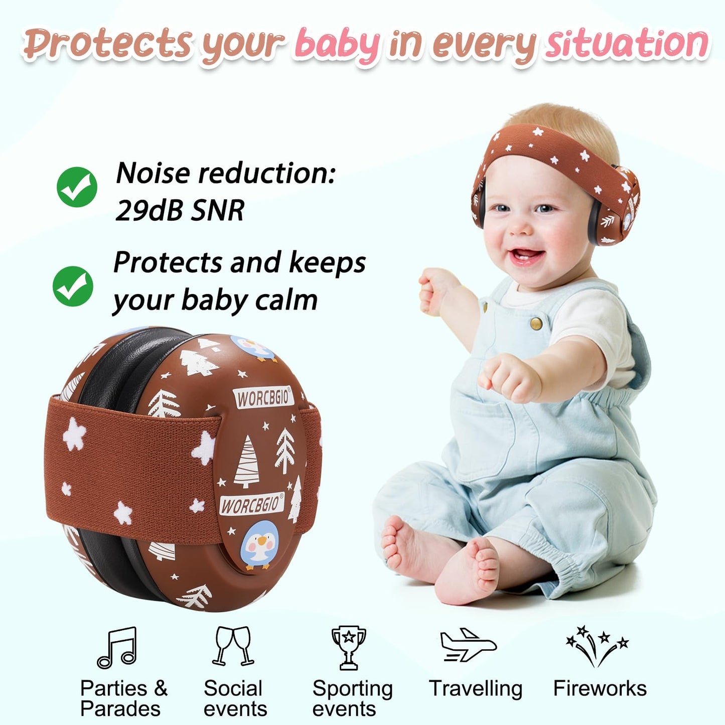 Worcbgio Infant Ear Protection Noise Cancelling Baby Ear Muffs, Toddler Hearing Protection With Adjustable Elastic Headband,Peng