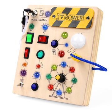 Montessori Busy Board for Toddlers, 19-LED Wooden Sensory Activity Board, Educational Toys for 3-6 Year Olds, Travel Toy for Ear