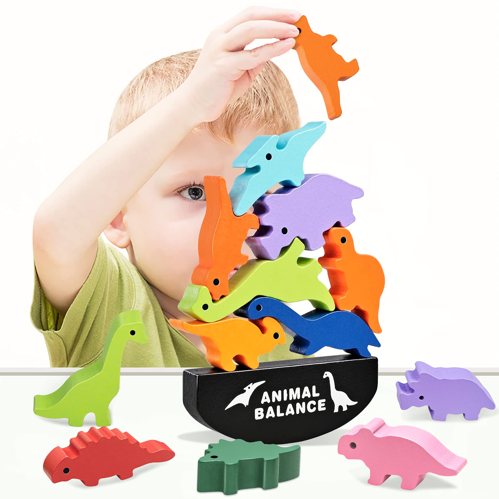 HahaGift Dinosaur Toys for Kids 3-5 Year Old Boys Gifts, Wooden Stacking Toddler Toys for 2 3 4 5 6 Year Old Boys Toys, Montesso
