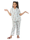 SAND DUNE Girls Regular Fit Short Sleeves Printed Shirt and Pyjamas Set White