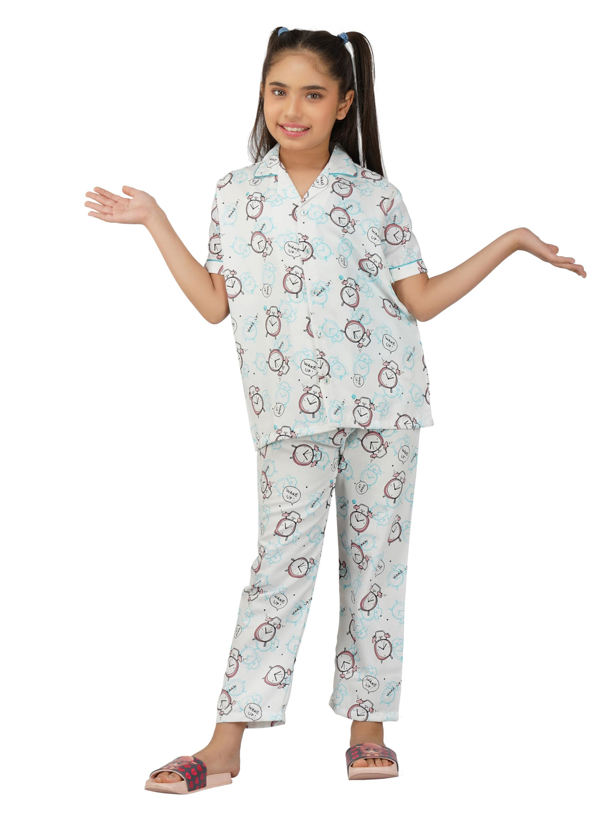 SAND DUNE Girls Regular Fit Short Sleeves Printed Shirt and Pyjamas Set White