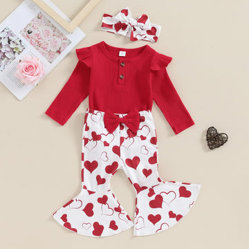 Kuriozud Newborn Baby Girl Valentines Day Outfit Ribbed Long Sleeve Romper Heart Flare Pants Set Infant Cute Baby Girl Clothes (