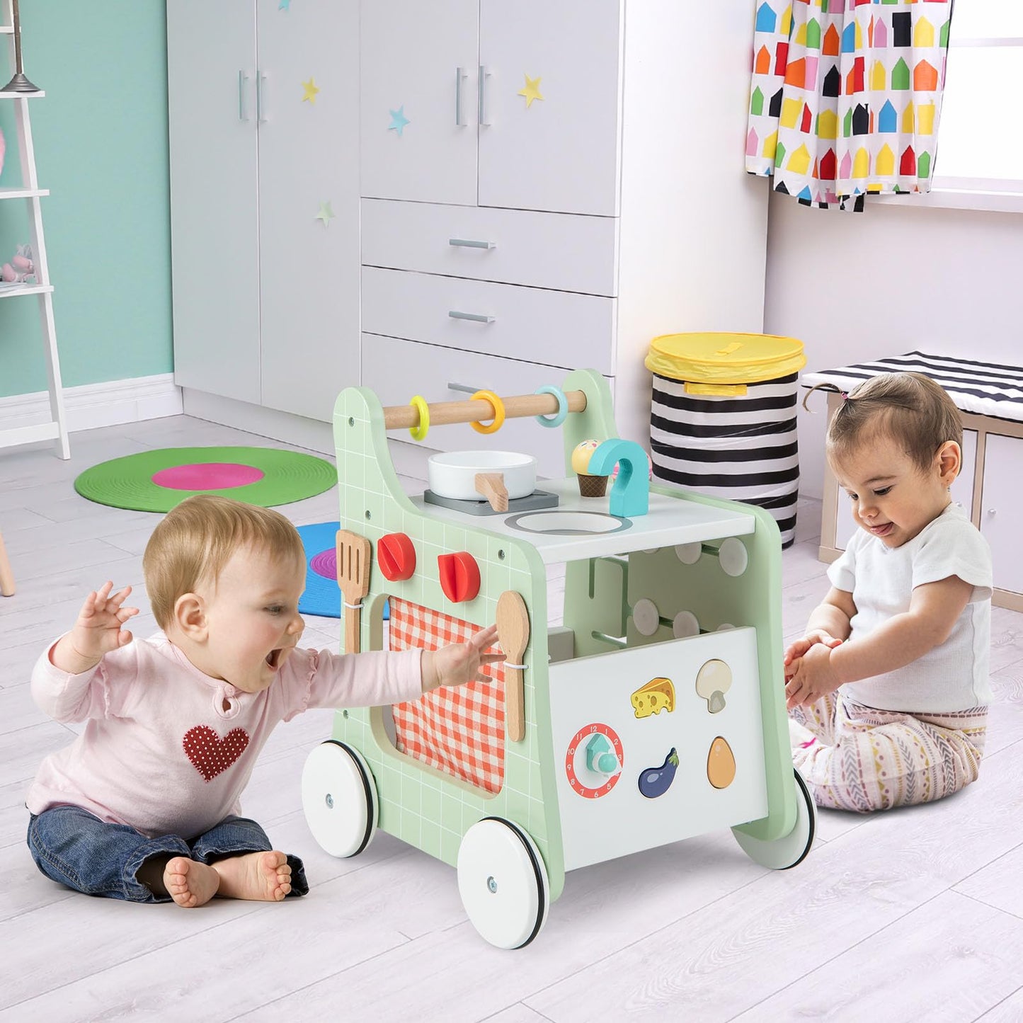 HONEY JOY Baby Push Walker, 6-in-1 Wooden Play Kitchen Walker Activity Center w/Shape Sorter, Develop Motor Skills & Creativity,
