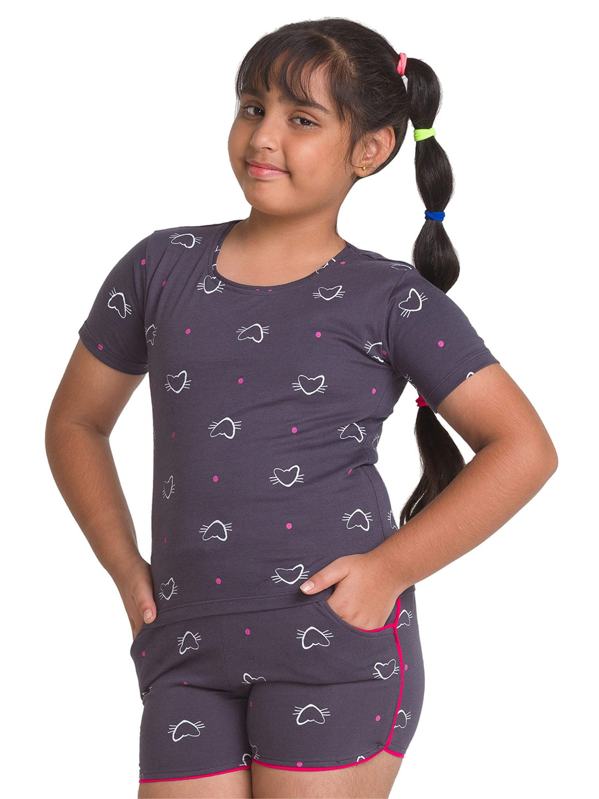 AV2 Girls Cotton Printed Night Suit Shorts Set Grey 1011 Years 6638
