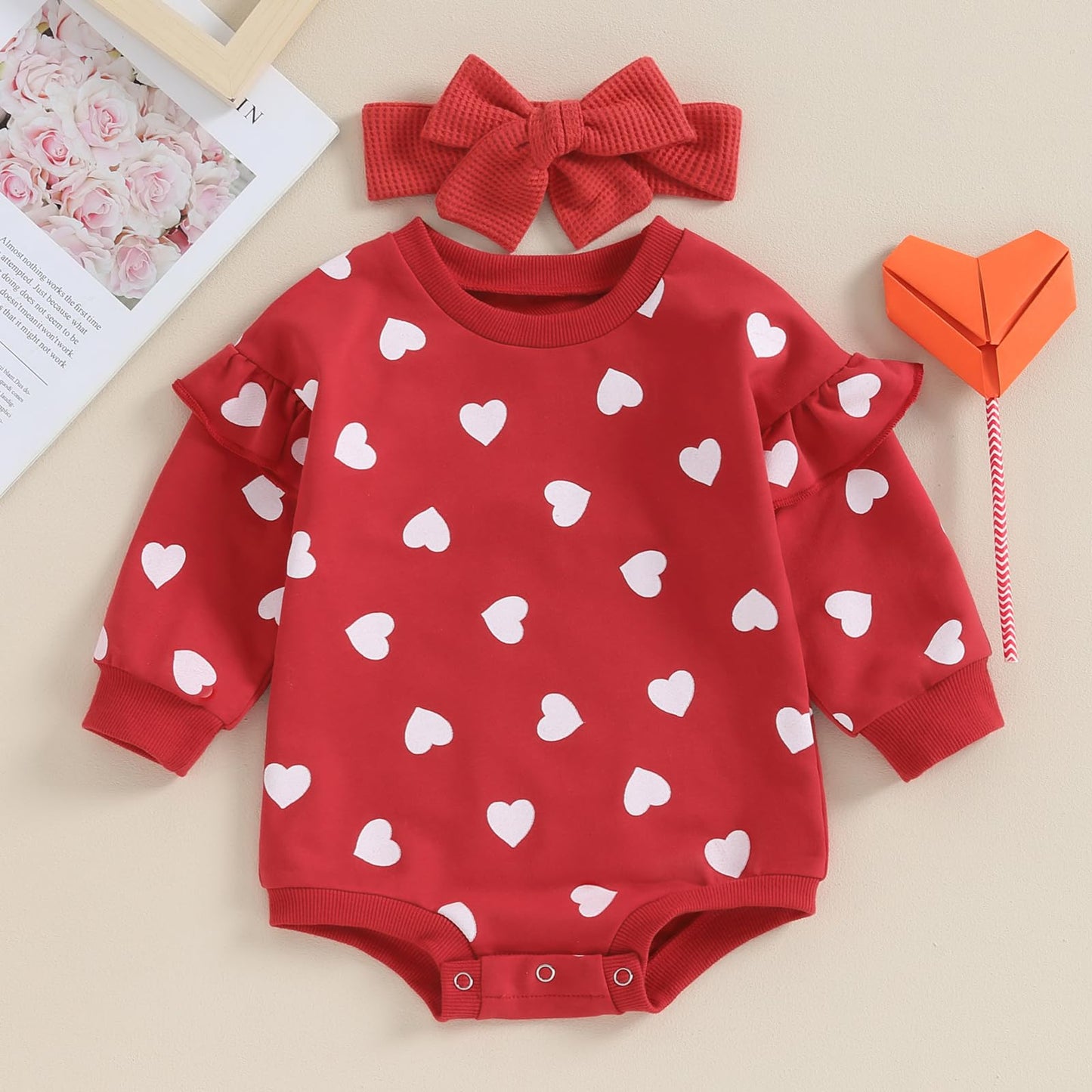 Fiomva Baby Girl Valentines Day Outfit Newborn Bubble Romper Infant Sweatshirt Onesie Toddler Heart Print Clothes (Q Valentines