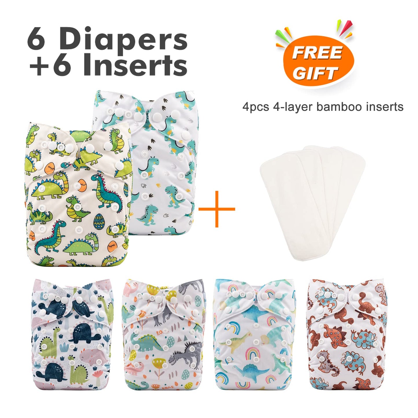 Babygoal Reusable Neutral Cloth Diapers 6 Pack with 10pcs Inserts, One Size Adjustable Washable Pocket Nappy Covers for Baby Boy
