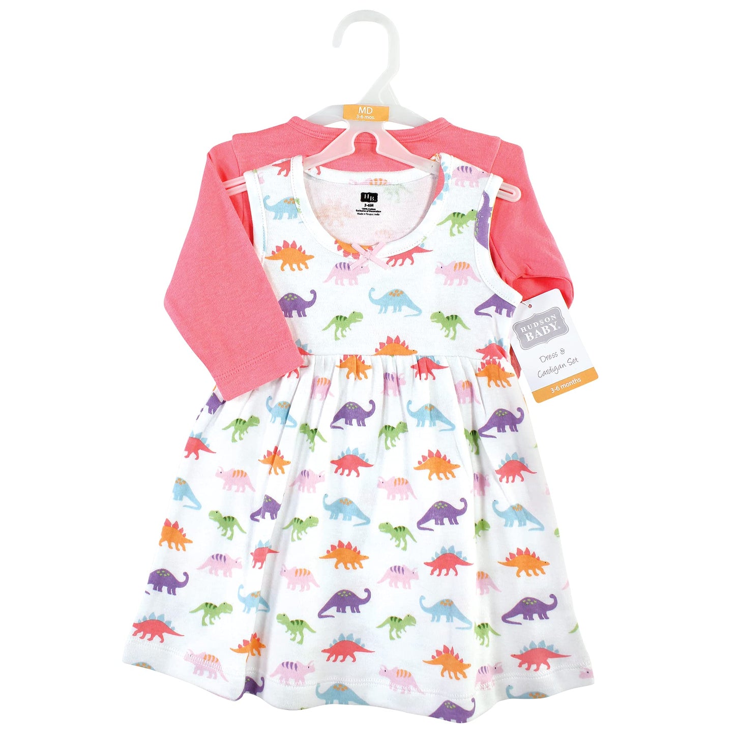 Hudson Baby Baby Cotton Dress And Cardigan Set, Girl Dinosaurs, 3-6 Months